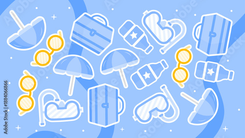 Cool blue underwater and beach theme featuring snorkel masks umbrellas and suitcases