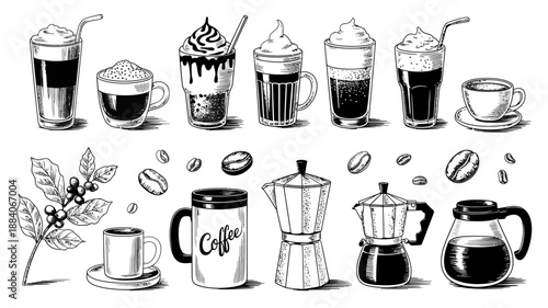 Collection of Coffee Drinks and Brewing Equipment Illustration