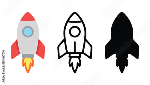 Three different rocket ship illustrations in various colors and styles