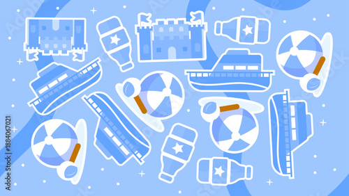 Cool cyan ocean theme with cruise ships and beach play icons