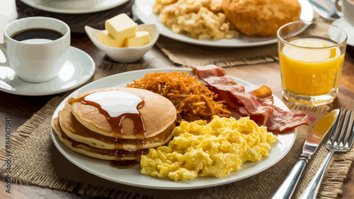 Delicious Breakfast Spread with Pancakes and Bacon