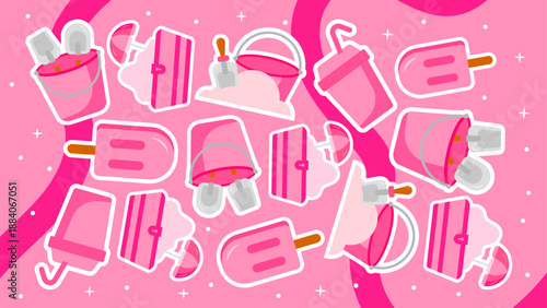 Seamless pattern featuring pink sand buckets popsicles and drinks for summer vacation backdrop