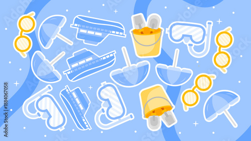 Nautical pattern with cruise ships umbrellas and snorkeling masks on blue wavy background