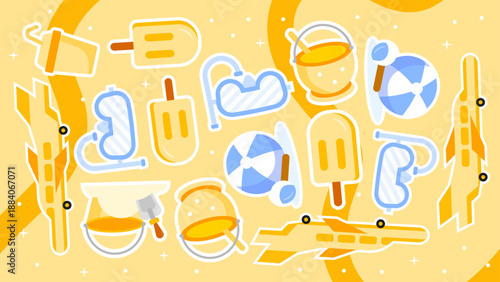 Vibrant pattern showing ice cream beach balls and snorkel gear on yellow background