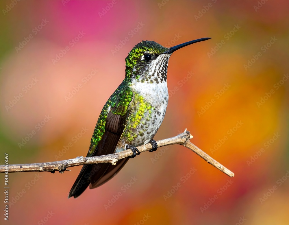 Fototapeta premium A tiny, vibrant hummingbird perches serenely on a delicate, weathered branch against a blurred backdrop of colorful blooms