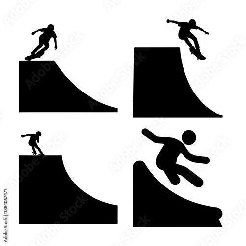 Skateboarder silhouettes performing various tricks and movements on a skate ramp