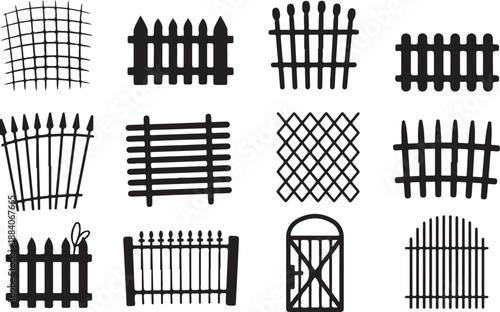 Collection of various fences illustration for farmland or ranch in simple style art concept