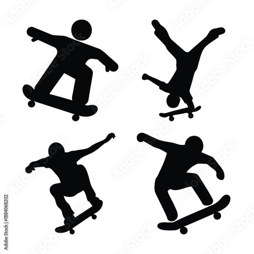 Dynamic silhouettes of skateboarders illustrating various tricks and actions in extreme sports