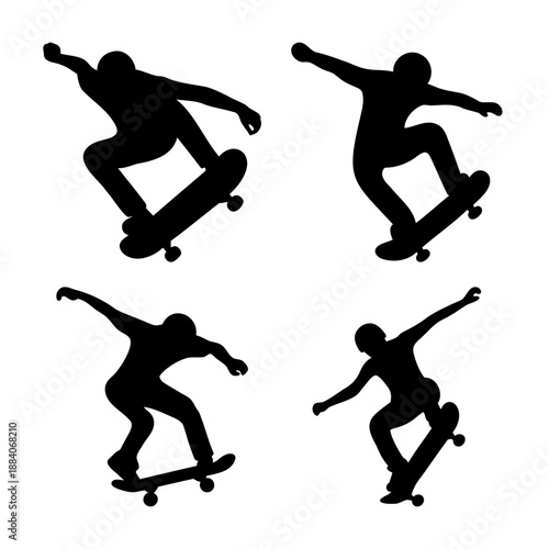 Dynamic skateboarder silhouettes showcasing various tricks and energetic moves