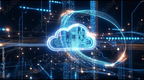 Cloud computing digital network data storage futuristic technology blue glowing abstract cityscape innovation connectivity neon server internet