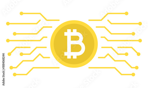 Bitcoin digital coin surrounded by blockchain network and digital transactions. Flat simple vector isolated on white background