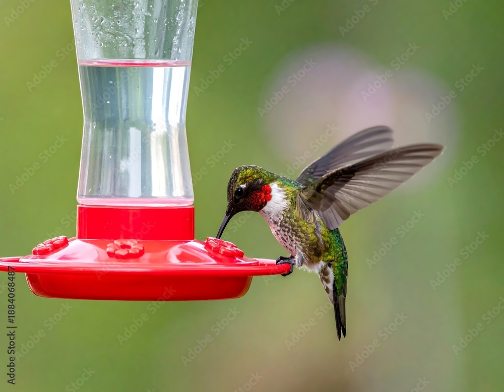 Naklejka premium A tiny, vibrantly colored bird with iridescent feathers drinks nectar from a bright red feeder against a soft green backdrop