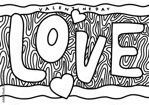 LOVE Word, Hand Drawn Pattern Valentine Coloring Page.