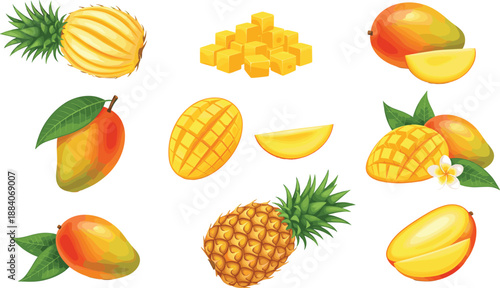 Fresh Tropical Fruit Vector Set Featuring Whole Mangoes, Sliced Pineapple, Cubed Mango Pieces, and Exotic Frangipani Flowers for Healthy Food Branding and Juice Labels