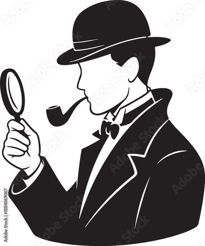Detective silhouette with magnifying glass and pipe, mystery and investigation theme art