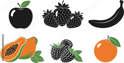 Fruit Vector Set with Black Silhouette Apple Strawberry and Banana Plus Realistic Papaya Blackberry and Orange Illustrations for Minimalist Graphic Design and Food Branding