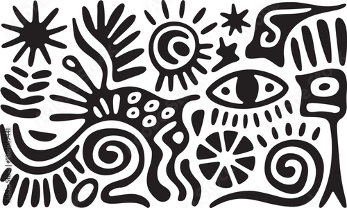 Abstract primitive tribal doodle ornament elements with sun and spiral shapes in black and white