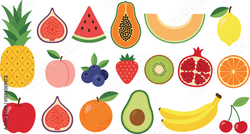 Large Fruit Vector Collection Featuring Pineapple Fig Watermelon Papaya Kiwi Pomegranate Strawberry and Avocado Illustrations for Healthy Food Menus Grocery Apps and Summer Branding Designs
