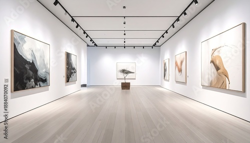 Bright Art Gallery Interior with Wood Floors and White Walls Showcasing Multiple Framed Abstract Paintings Under Recessed Lighting