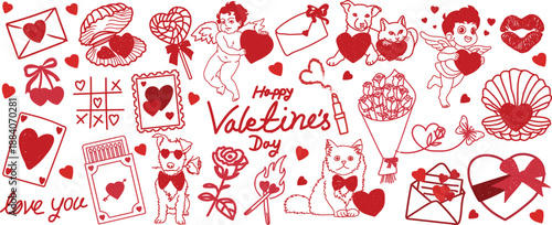 Hand drawn Valentine’s Day elements doodle vector with cute cupid, heart, love letter, rose, pet and romantic sticker. Trendy red line art perfect for card, poster, gift, print and social media design