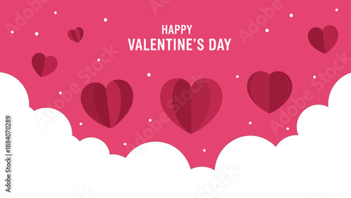 Happy Valentine's Day background with pink paper cut heart shapes and white clouds for romantic greeting card design