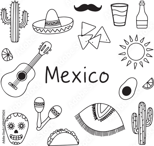 Traditional mexican symbols, cinco de mayo holiday elements, cactus, sombrero, maracas, and skull