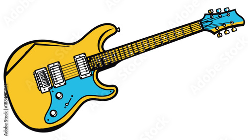 Yellow Electric Guitar with Blue Accents, Isolated on White Background