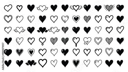 Collection of fifty unique hand drawn black and white heart doodle icons perfect for expressing love romance or holiday designs
