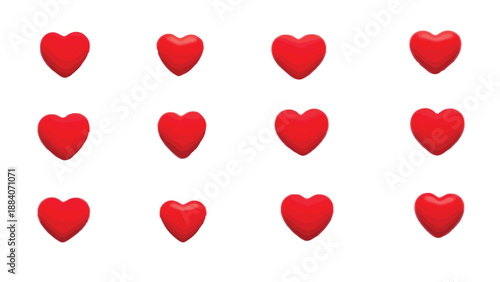 Twelve bright red three dimensional hearts are arranged neatly in a grid pattern