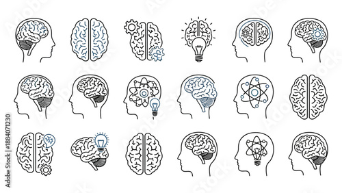 Collection of line art icons depicting the human brain in profile views showcasing concepts of thought process creativity problem solving and analytical thinking with gears and lightbulbs integrated