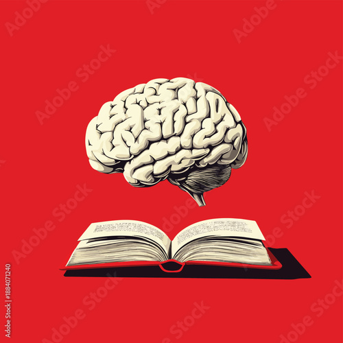 A surreal image of a brain engrossed in reading a book, emphasizing the powerful connection between knowledge acquisition and cognitive stimulation against a bold red background