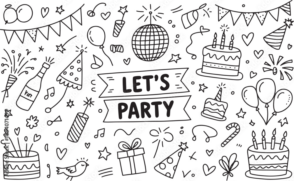 Fototapeta premium Let's party doodles with birthday elements for celebration and festive occasion