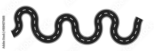 Curved Asphalt Road Path Vector, Winding Highway Route Track Isolated on White for Navigation Maps, Travel Concepts, Infographics, Web Design, and Transportation Projects