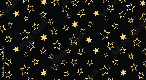 Elegant seamless pattern of delicate golden outlined stars of various shapes and sizes on a solid black background for luxury themes.