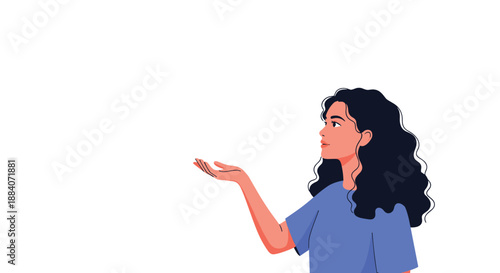 Profile portrait of a young woman with long curly hair looking sideways with an open hand gesture in a clean flat illustration style.