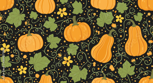 Festive autumn seamless pattern of various orange pumpkins, yellow flowers, and green vines on a black background for holiday themes.