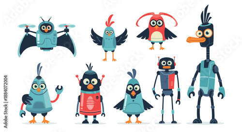 Fun collection of various cartoon bird robots with different designs and colors including a drone bird and a long necked bird.