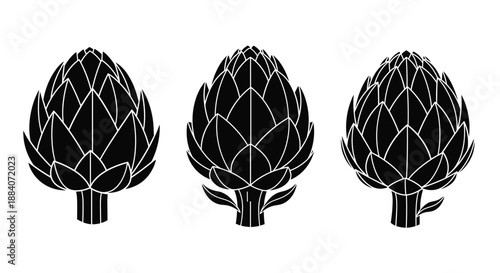 Three solid black silhouettes of artichokes shown from a front perspective arranged horizontally on a clean white background.