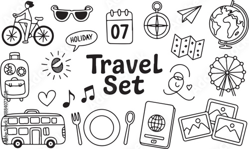 Travel set concept, vacation journey symbol, tourism trip adventure and holiday doodle items