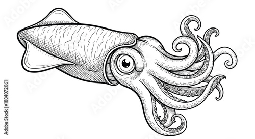 Detailed hand drawn sketch of a squid with its tentacles curling artistically in a black ink style on a plain white background.