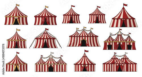 Large collection of different red and white striped circus tents with flags and bunting in various shapes and sizes for carnival themes.