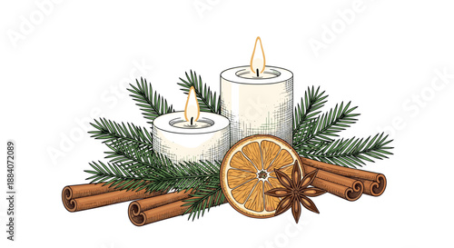 Cozy winter still life illustration featuring two white candles pine branches cinnamon sticks an orange slice and star anise.