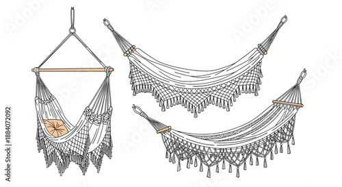 Collection of three hand drawn hammocks including a hanging chair and traditional mesh designs for relaxing summer themes.