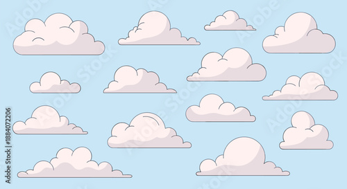 Assorted fluffy white clouds in various shapes and sizes are set against a clear blue sky background in a cute cartoon style.