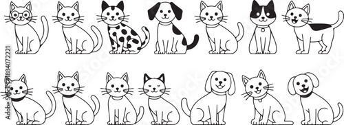 Collection of cartoon outline cats and dogs animal pet line art icons in black and white set