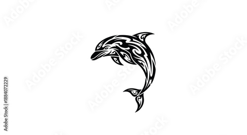 Dolphin illustration in a bold tribal tattoo style features swirling black patterns on a clean white background for creative projects.