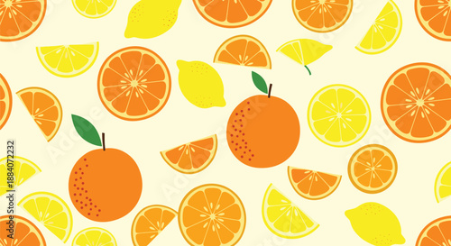 Vibrant seamless pattern displays whole and sliced oranges and lemons scattered across a light yellow background for a fresh citrus feel.