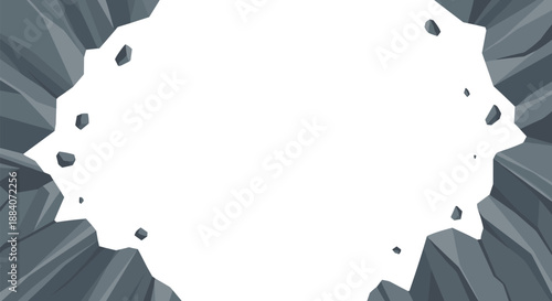 Rocky cliff edges and falling stones frame a central white space to create a dramatic cave opening or mountain vista view.