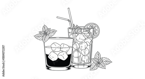 Hand drawn line art illustration depicts two refreshing cocktails with ice cubes, straws, lemon slices, and fresh mint leaves.