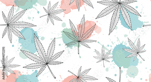 Seamless pattern features detailed line drawings of cannabis leaves scattered over vibrant pink, teal, and blue watercolor paint splashes.